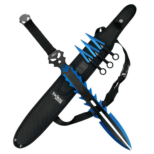 25" Flame Skull Machete w/throwing knives-Blue