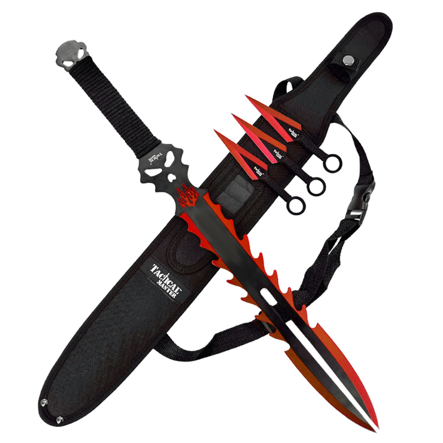 25" Flame Skull Machete-w/throwing knives-Red