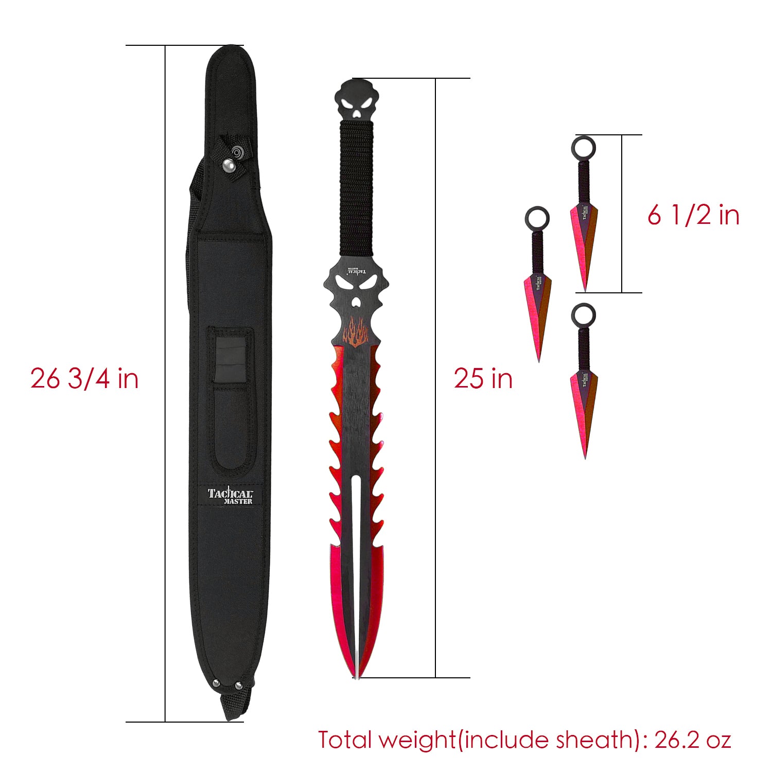 25" Flame Skull Machete-w/throwing knives-Red