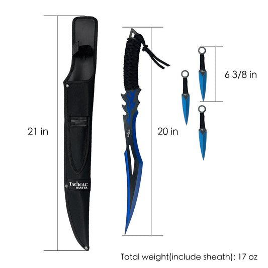 20" Flame Machete w/throwing knives-Blue