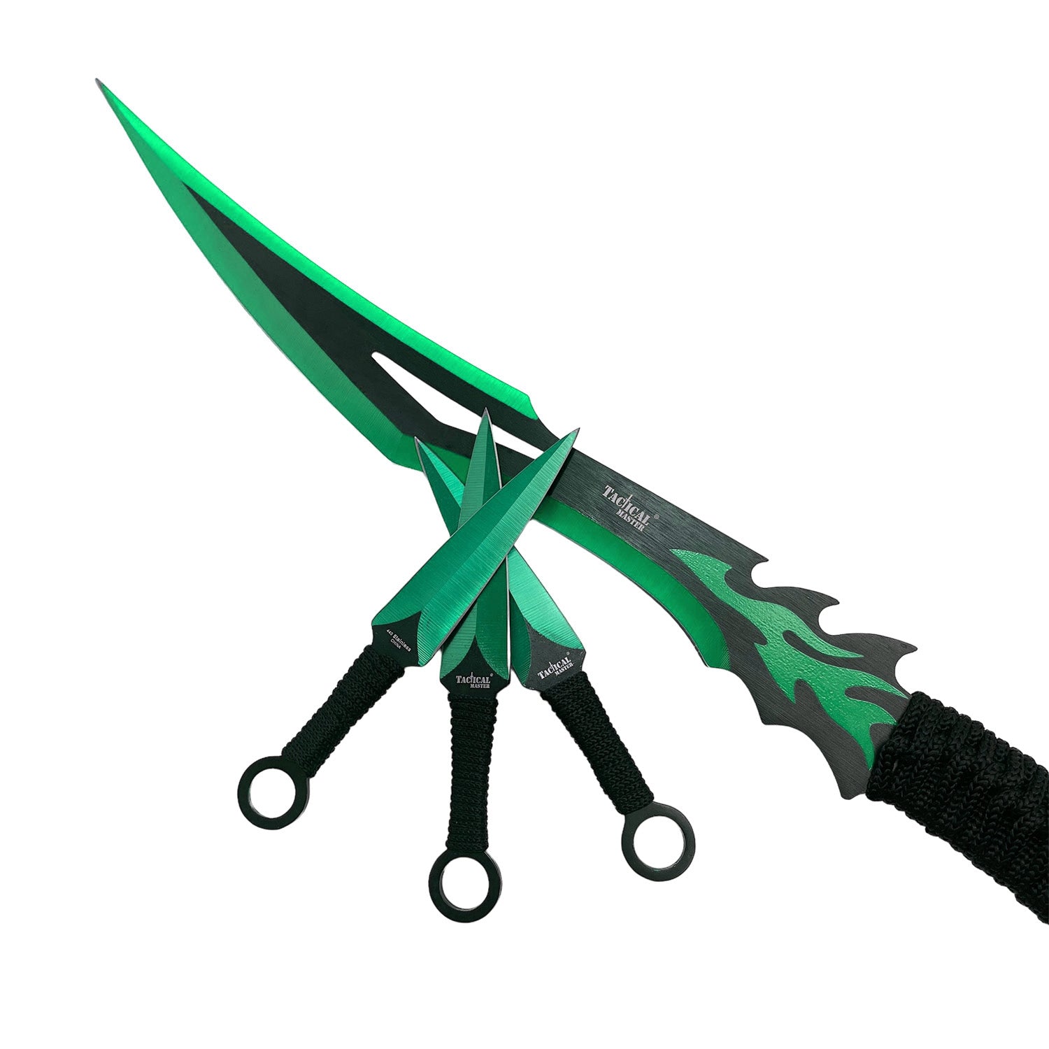 20" Flame Machete w/throwing knives-Green