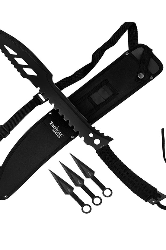26" Black Machete w 3 Throwing Knives