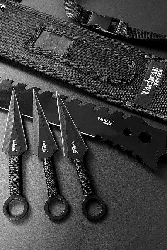 26" Black Machete w 3 Throwing Knives