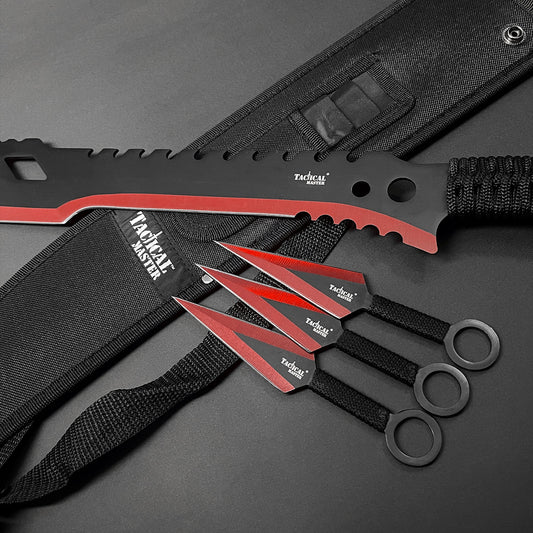 26" Red Machete w 3 Throwing Knives
