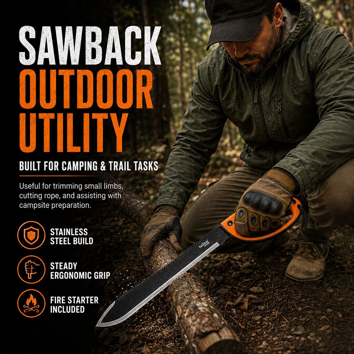 Man cutting wood with machete - Guild Arms.