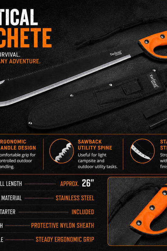 Tactical machete with orange handle- Guild Arms.