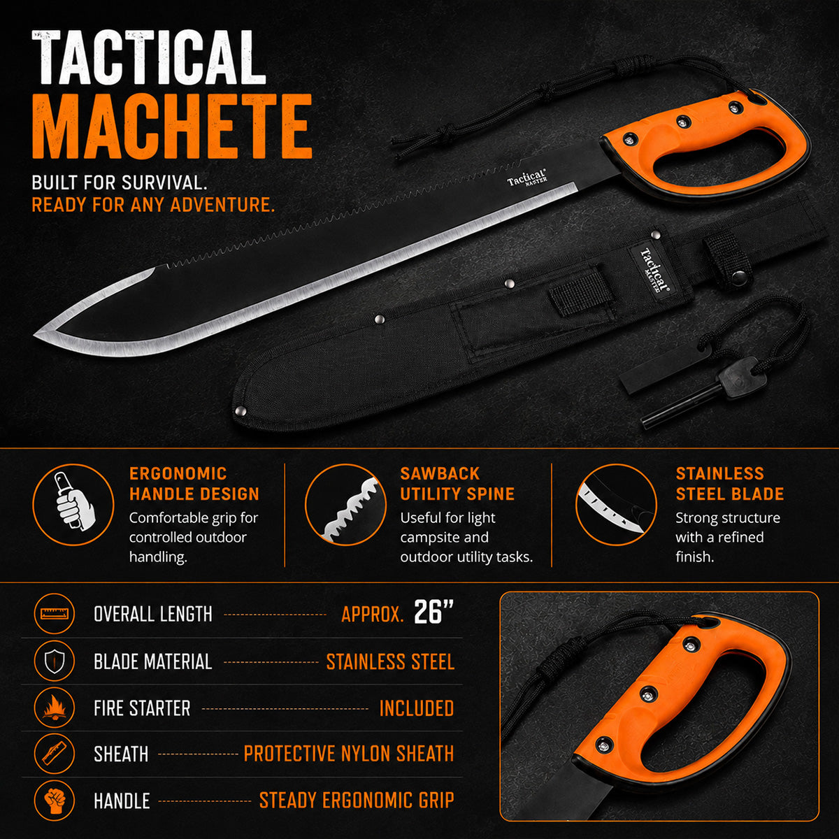 Tactical machete with orange handle- Guild Arms.