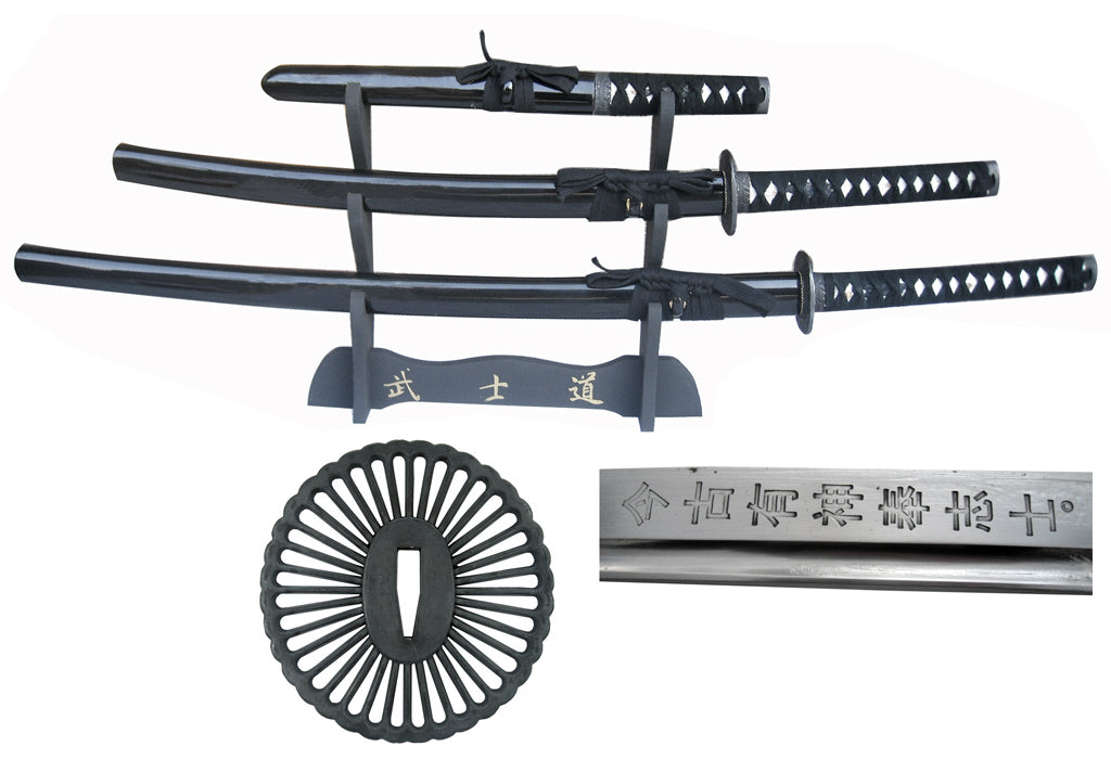 Musha Hand Forged Samurai Sword Black 3pcs Set