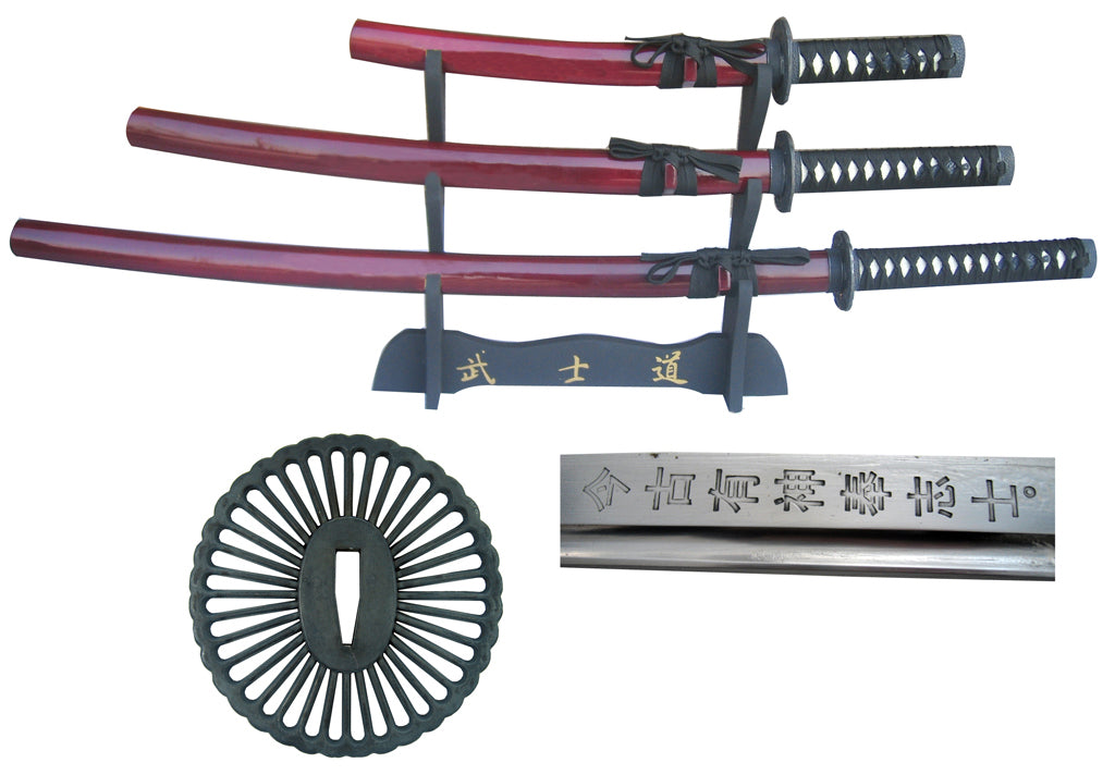 Burgundy 3 PCS Hand Forged Musha Samurai Sword Set w/ stand