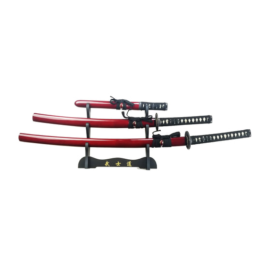 Musha Burgundy 3 PCS Samurai Sword Set w/ Stand