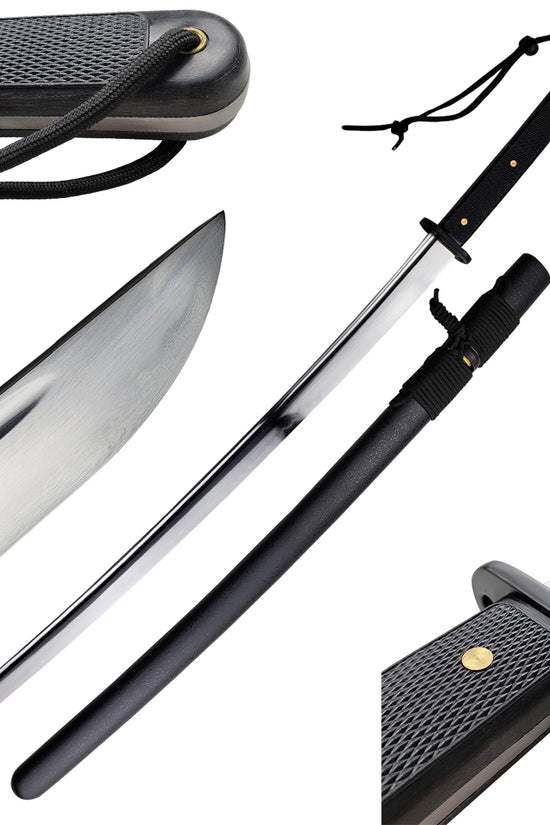 Black katana sword with detailed handle views