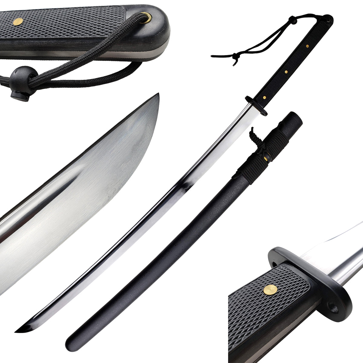 Black katana sword with detailed handle views