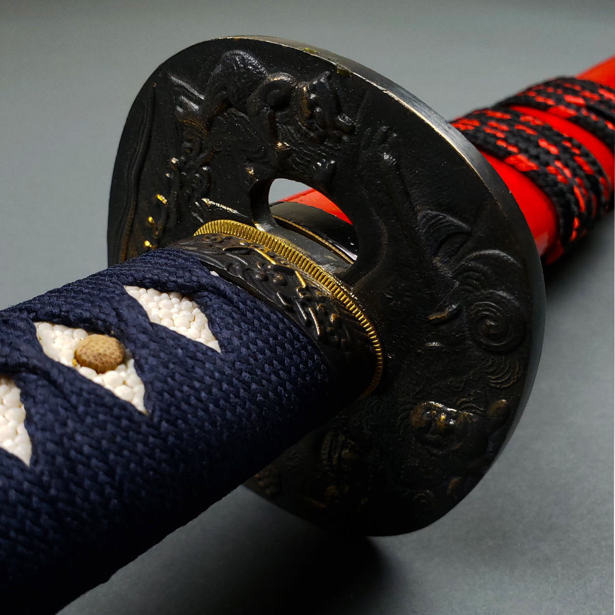 Close-up of Japanese katana tsuba- Guild Arms.