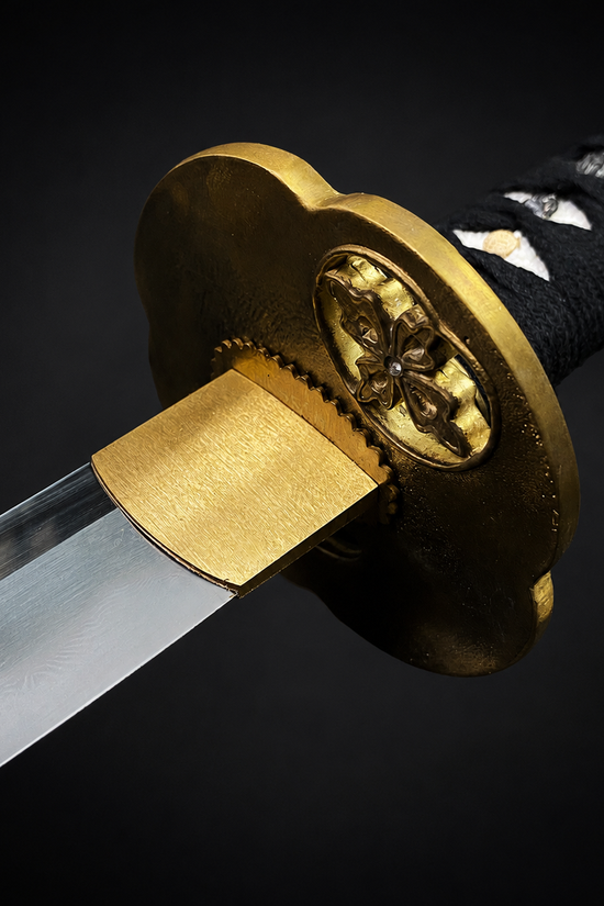 Golden flower handguard on black katana.| Guild Arms 