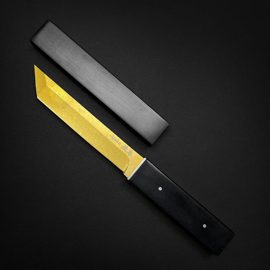 Asuka Gold Full Tang Tanto Knife Damascus Engraved Blade