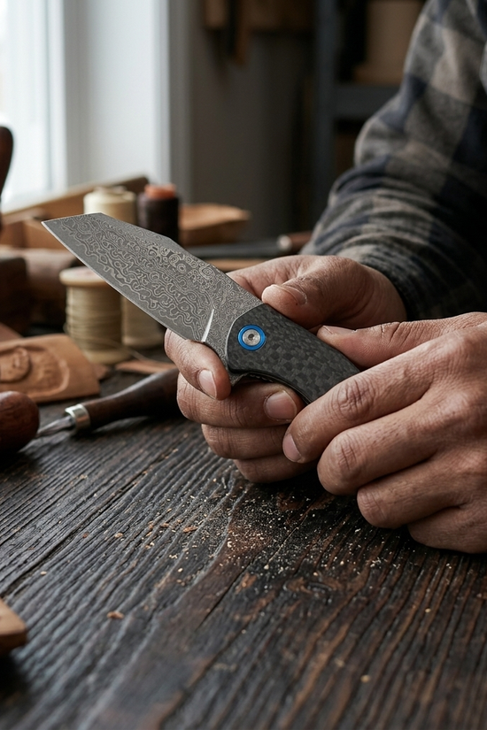 Damascus Ball Bearing Flipper Knife - Black Handle
