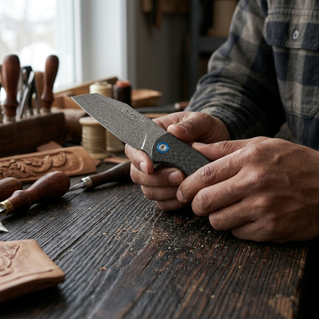 Damascus Ball Bearing Flipper Knife - Black Handle