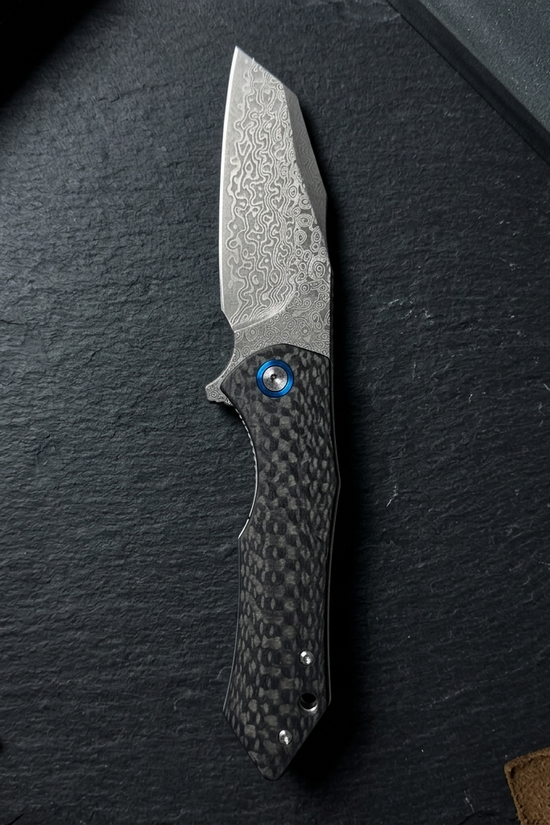 Damascus Ball Bearing Flipper Knife - Black Handle
