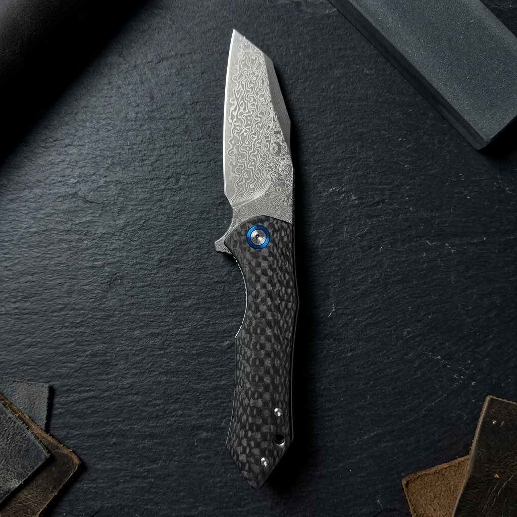 Damascus Ball Bearing Flipper Knife - Black Handle