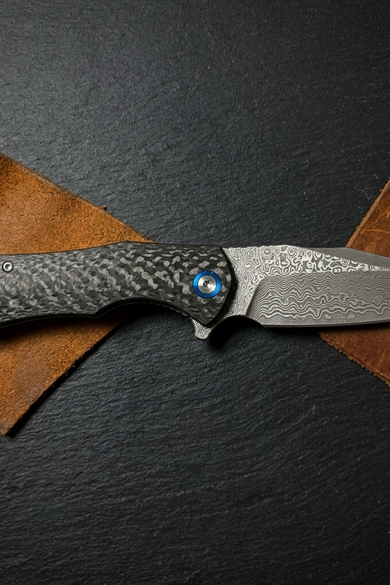 Damascus Ball Bearing Flipper Knife - Black Handle