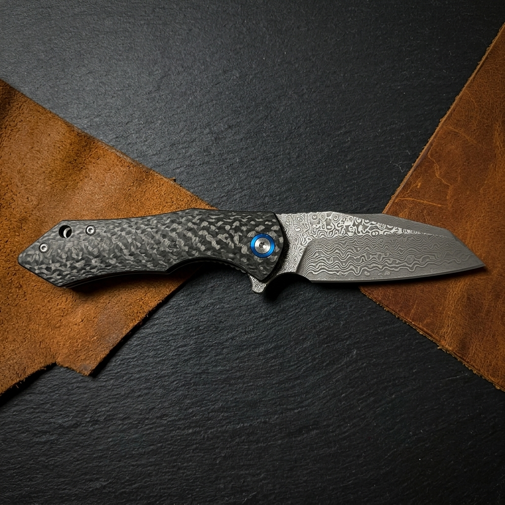 Damascus Ball Bearing Flipper Knife - Black Handle