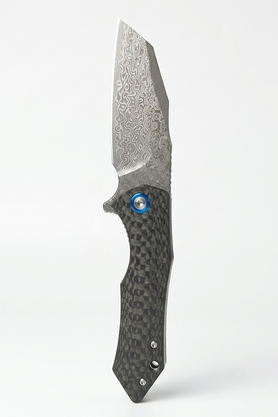 Damascus Ball Bearing Flipper Knife - Black Handle