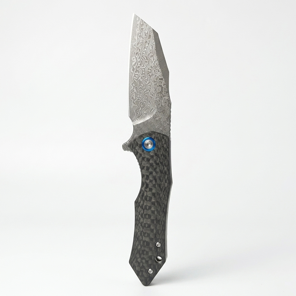 Damascus Ball Bearing Flipper Knife - Black Handle