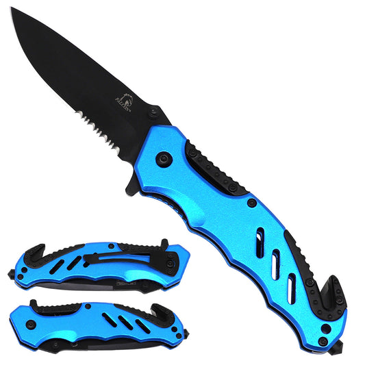 Falcon Knives - 4.75" Black Blade/ Bicolor Aluminum Blue Handle / Spring Assisted Knife