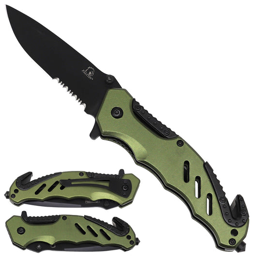 Falcon 4.75" Black Blade/ Green Aluminum Handle / Spring Assisted Knife