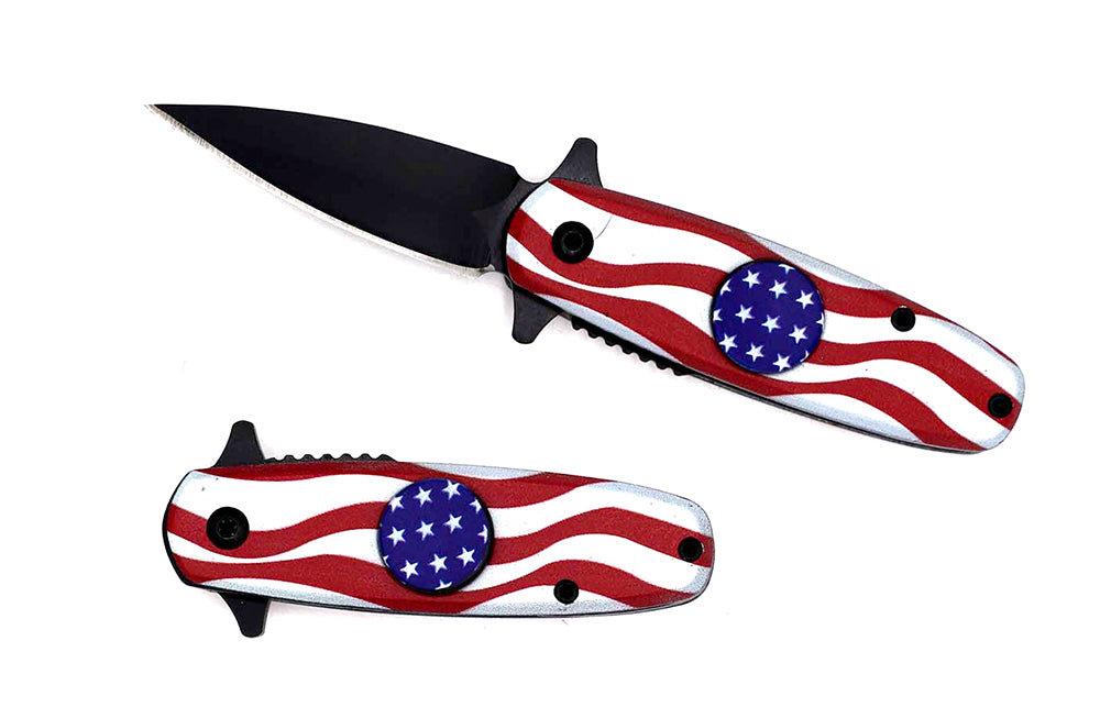 Guild Arms USA Flag Fidget Spinner Spring Assisted Knife with American flag handle and black blade shown open and closed