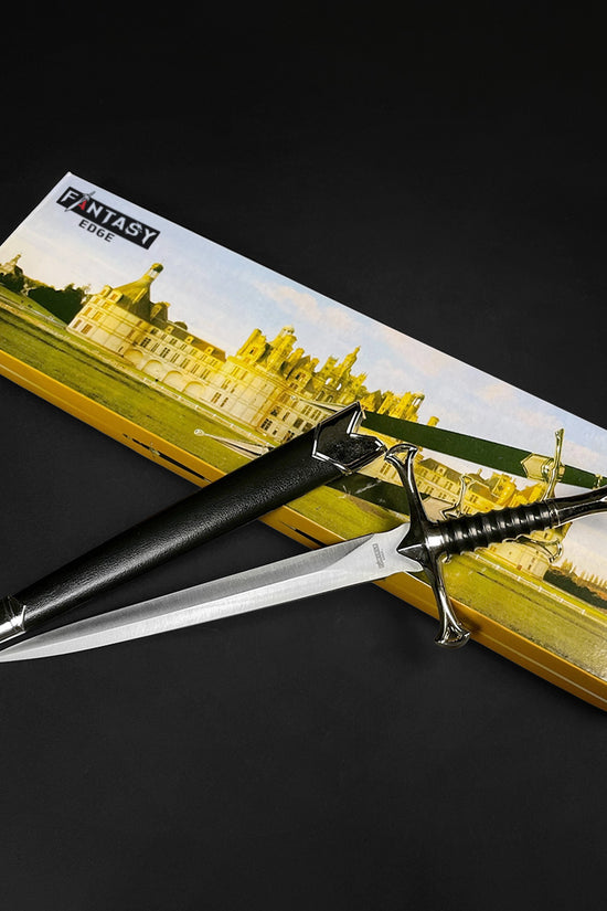 Anduril Medieval Fantasy Dagger with a sleek silver blade and ornate handle, presented in a decorative box