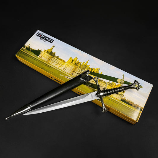 Anduril Medieval Fantasy Dagger with a sleek silver blade and ornate handle, presented in a decorative box