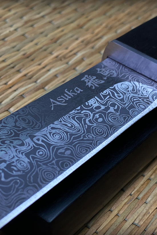 Asuka Suterusu Modern Tanto Knife with Intricate Damascus Pattern on the Blade
