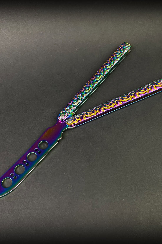 Big Boy Rainbow Butterfly Knife Balisong Trainer with colorful handles and a sleek blade design