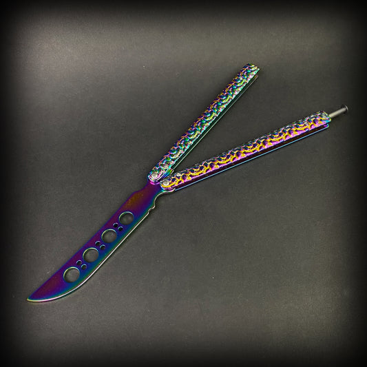 Big Boy Rainbow Butterfly Knife Balisong Trainer with colorful handles and a sleek blade design