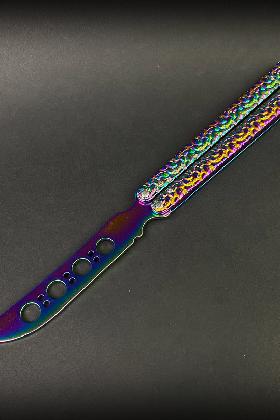 Big Boy Rainbow Butterfly Knife Balisong Trainer with Colorful Metallic Finish and Lightweight Design