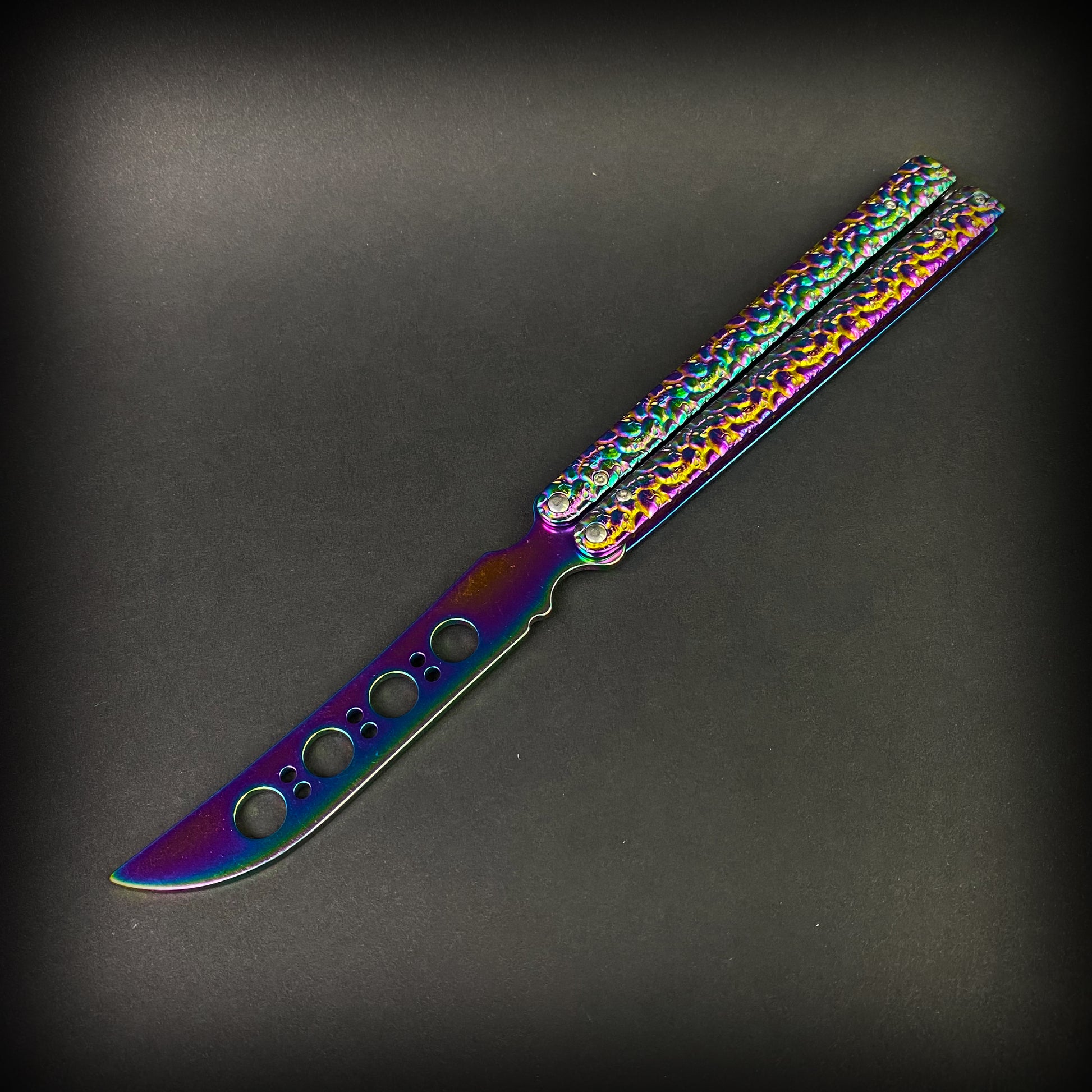 Big Boy Rainbow Butterfly Knife Balisong Trainer with Colorful Metallic Finish and Lightweight Design