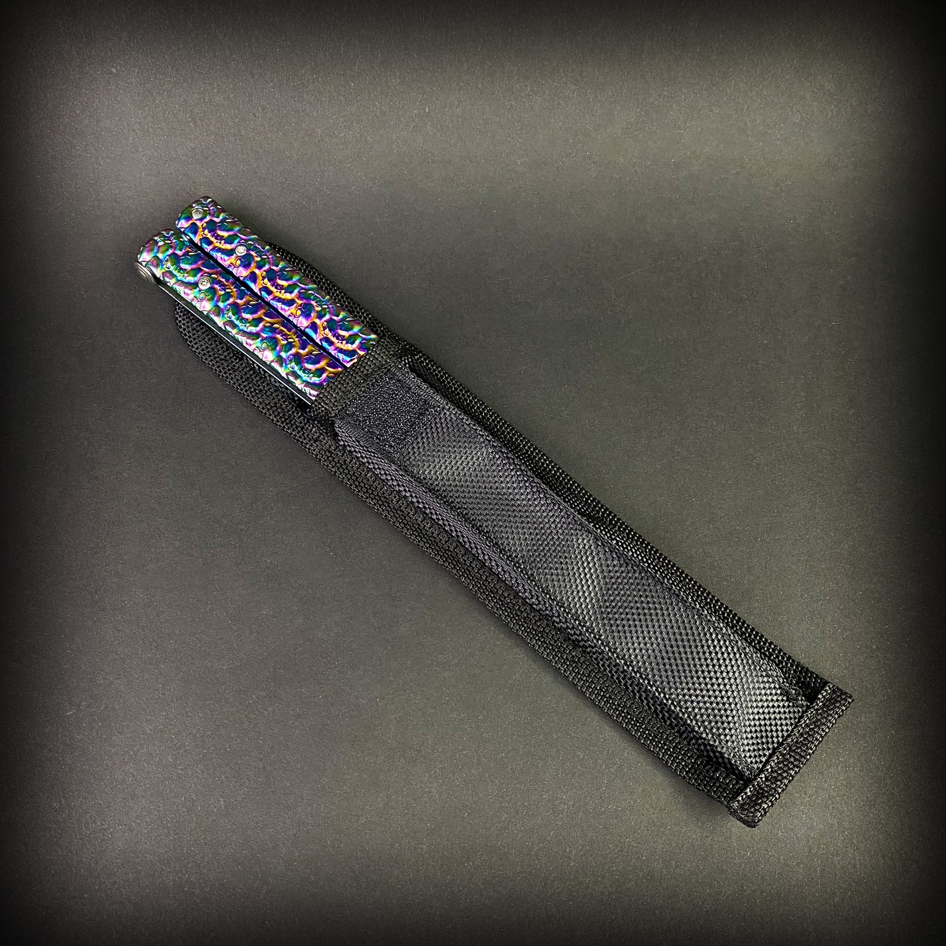 Big Boy Rainbow Butterfly Knife Balisong Trainer with protective nylon sheath for safe practice