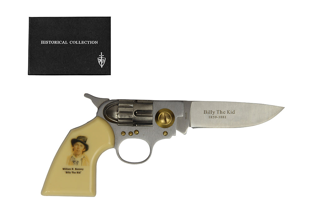 Billy the Kid Gun Style Folding Knife featuring an intricate design and historical reference, ideal for collectors