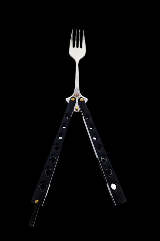 Guild Arms Black Butterfly Knife Fork with stainless steel prongs and a sleek black handle design