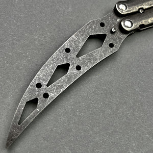 Guild Arms black butterfly trainer knife with scratched metal blade and cutout design