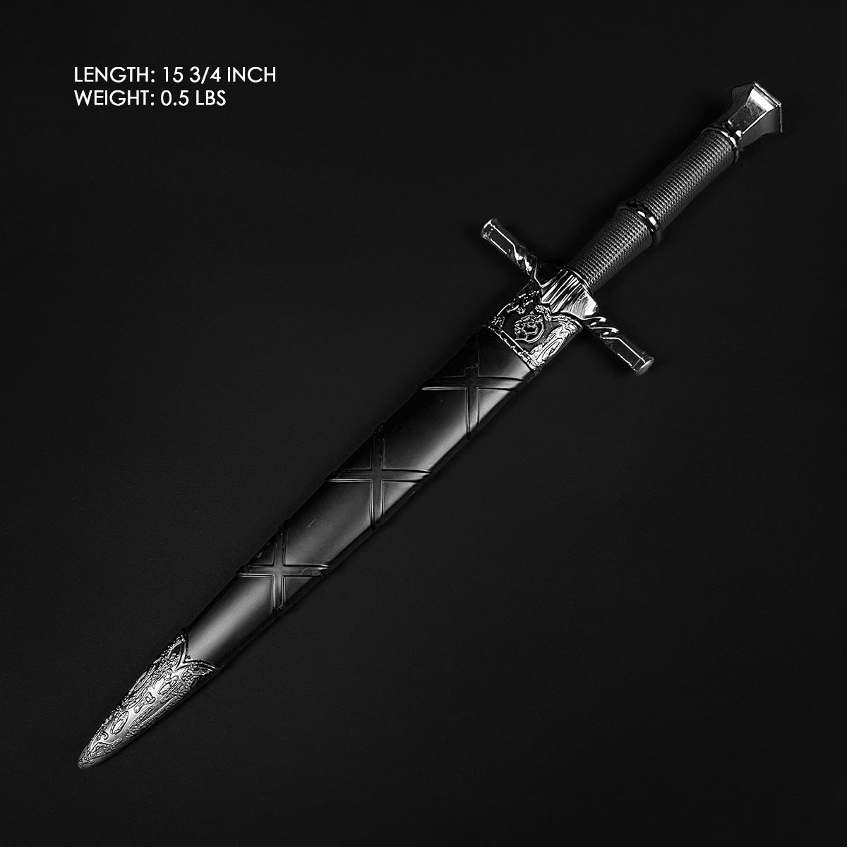 Black medieval dagger w/Black Plastic Scabbard featuring a decorative handle and a sleek blade design