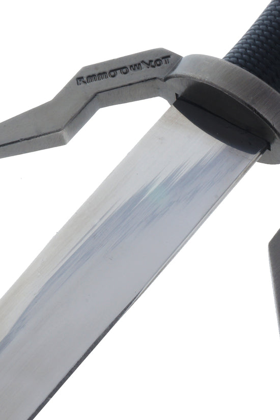 Close-up of Black Medieval Sword w/Black Plastic Scabbard showcasing the polished blade and unique hilt design