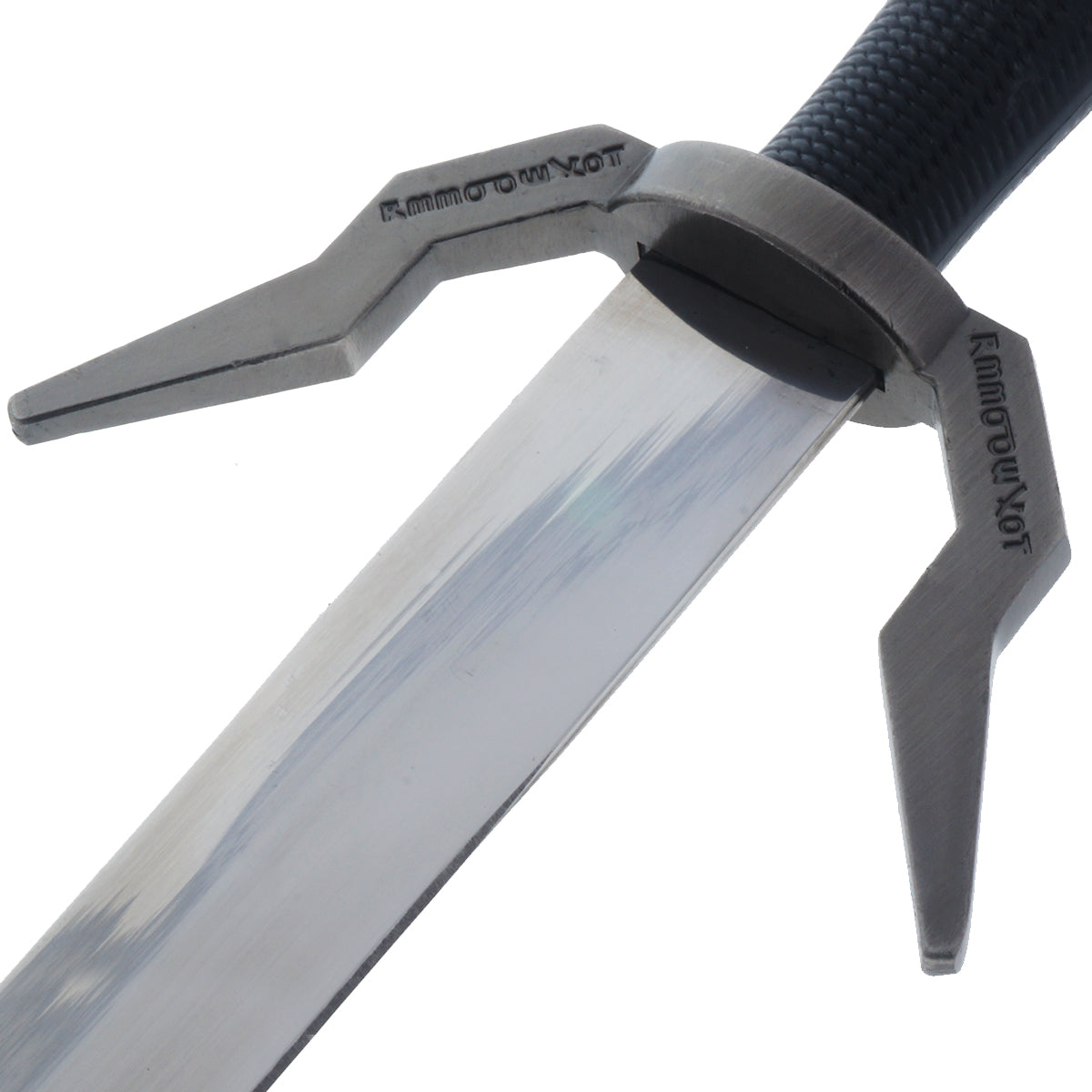 Close-up of Black Medieval Sword w/Black Plastic Scabbard showcasing the polished blade and unique hilt design