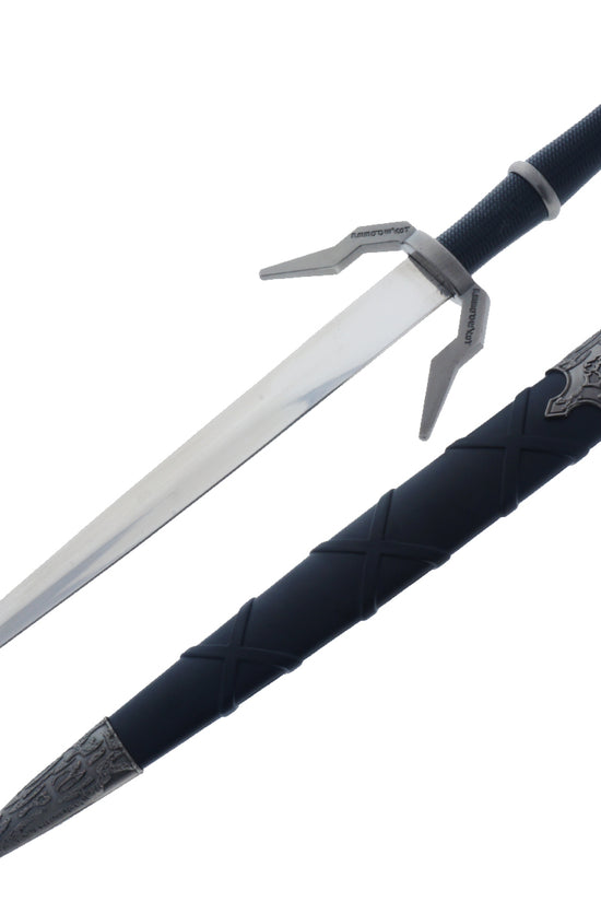 Black Medieval Sword w/Black Plastic Scabbard featuring a decorative handle and sleek blade