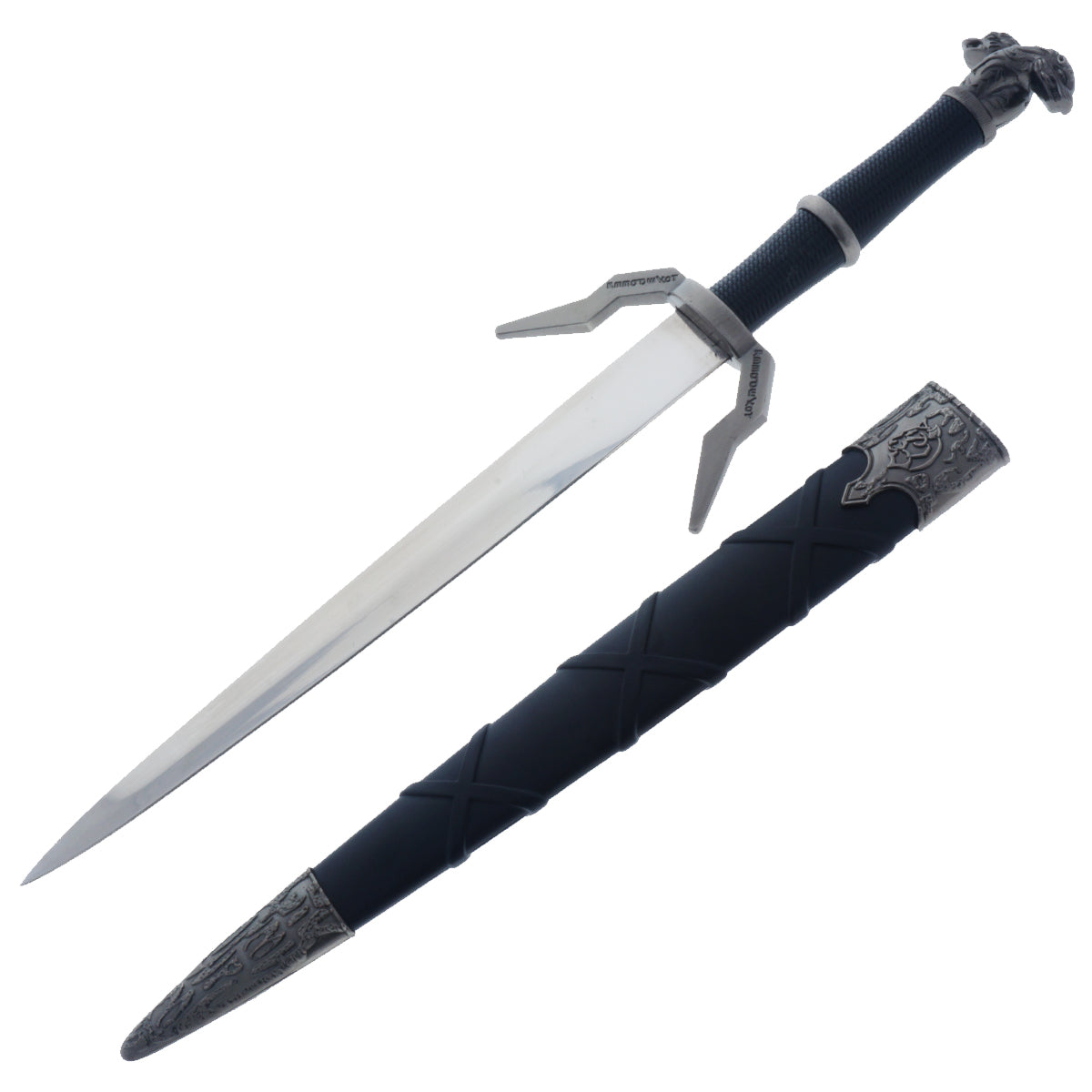 Black Medieval Sword w/Black Plastic Scabbard featuring a decorative handle and sleek blade