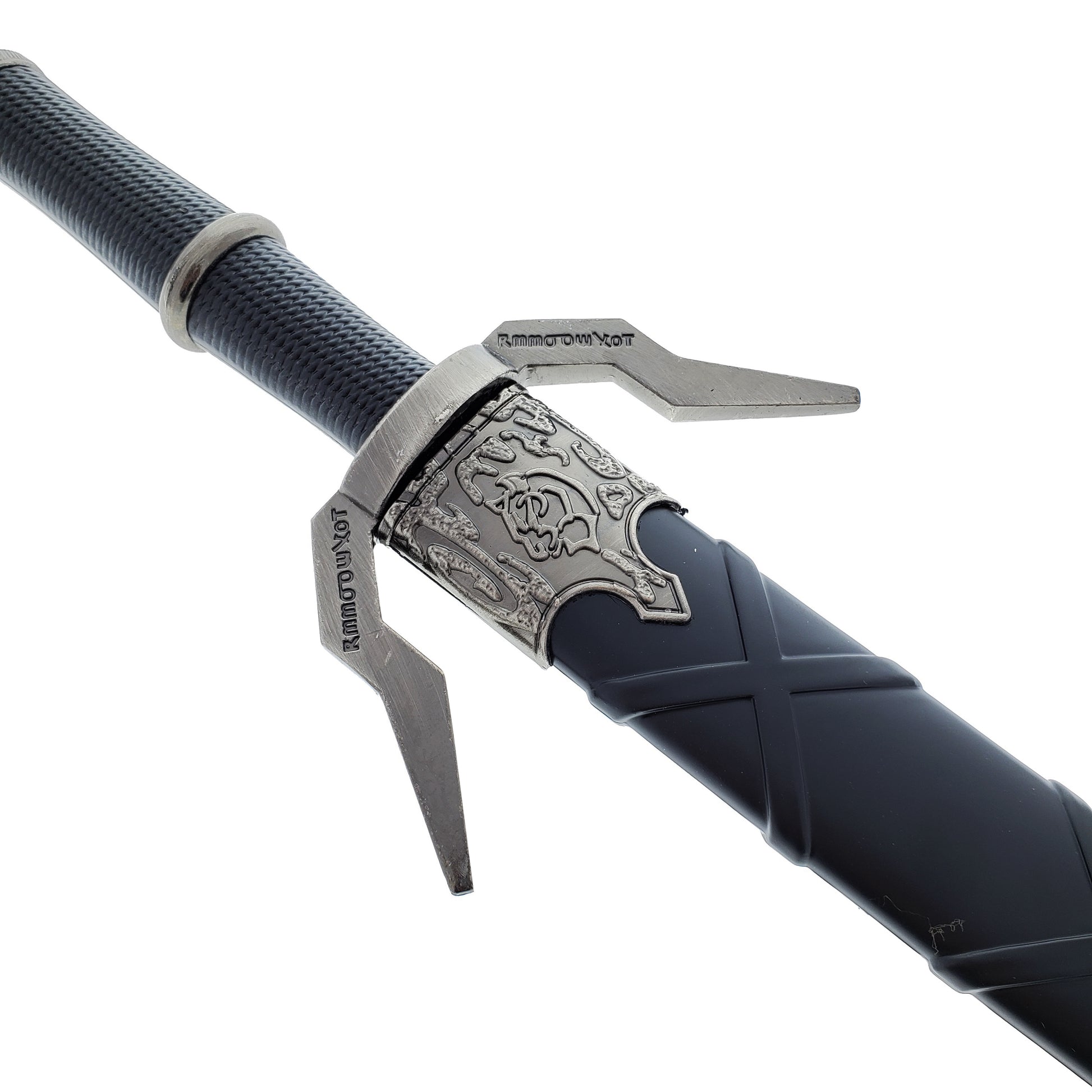 Black Medieval Sword w/Black Plastic Scabbard featuring ornate guard and textured grip