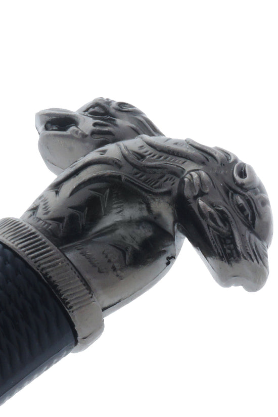 Detail of the Black Medieval Sword w/Black Plastic Scabbard with intricate hilt featuring a lion design