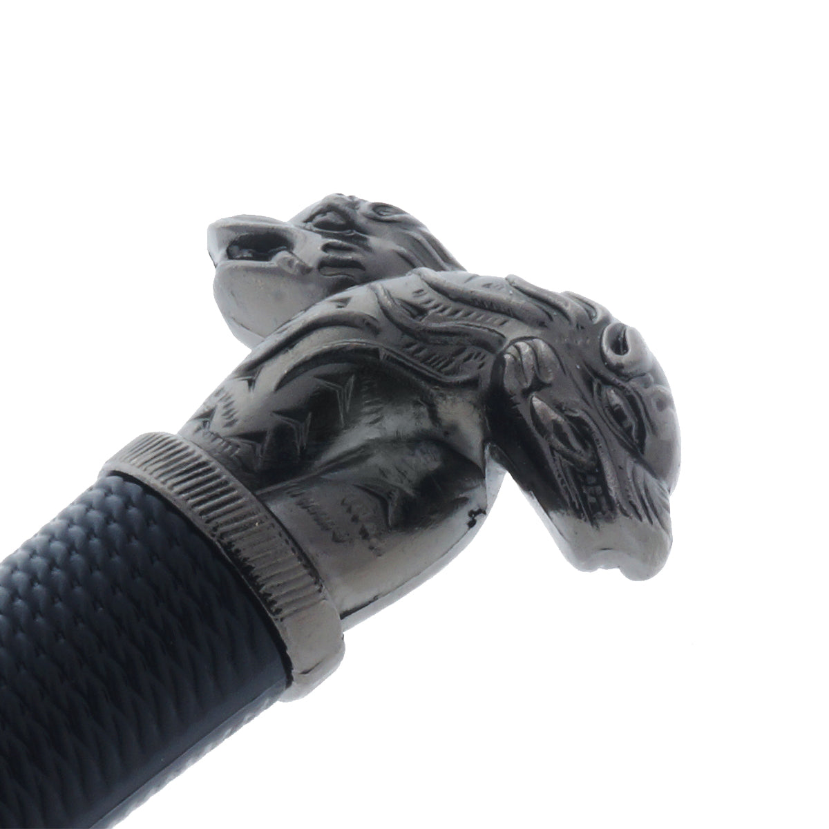 Detail of the Black Medieval Sword w/Black Plastic Scabbard with intricate hilt featuring a lion design