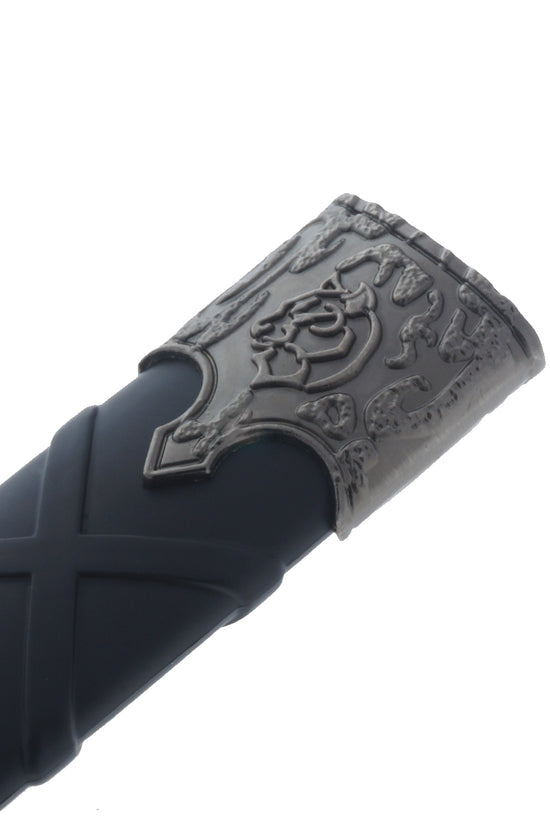 Close-up of Black Medieval Sword w/Black Plastic Scabbard featuring detailed hilt design